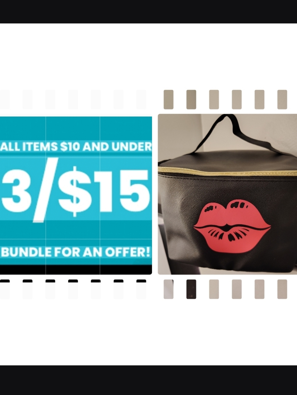 3/$15🆕Hot Pink Sassy Lips Black Makeup Bag with Gold Zipper